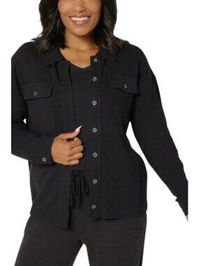 AnyBody Washed Waffle Knit Button Front Top Small Black LN/WT